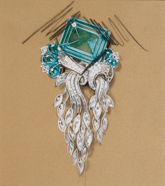 Brooches Drawing
 Cartier brooch design Platinum setting with blue topaz