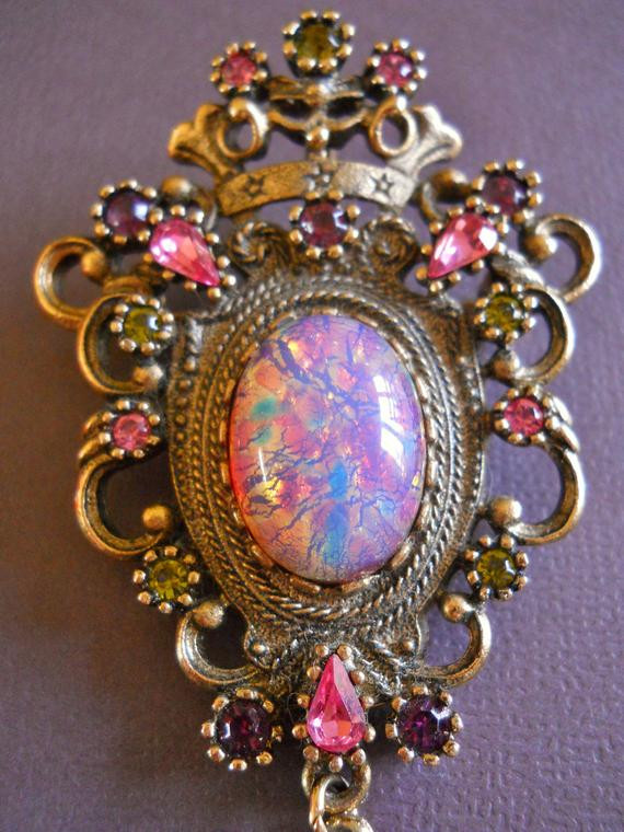 Brooches Jewellery
 Vintage Sarah Coventry Brooch Pendant Fire Opal Rhinestones