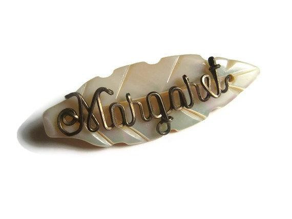 Brooches Name
 vintage Name Brooch Mother of Pearl MOP Margaret jewelry pin