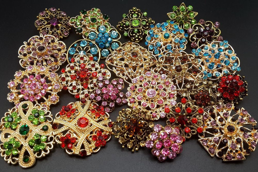 Brooches Pin
 Lot 24 pc Mixed Vintage Style Golden Rhinestone Crystal