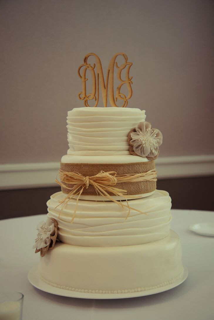 Burlap Wedding Cake Toppers
 Rustic Wedding Cake with Burlap and Straw Ribbon and