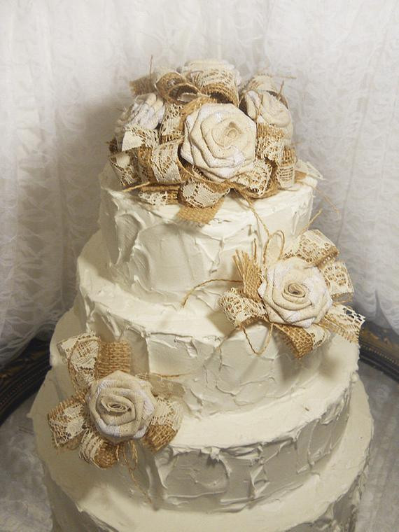 Burlap Wedding Cake Toppers
 Burlap & Muslin Rose Rustic Cake Topper picks with 2 matching