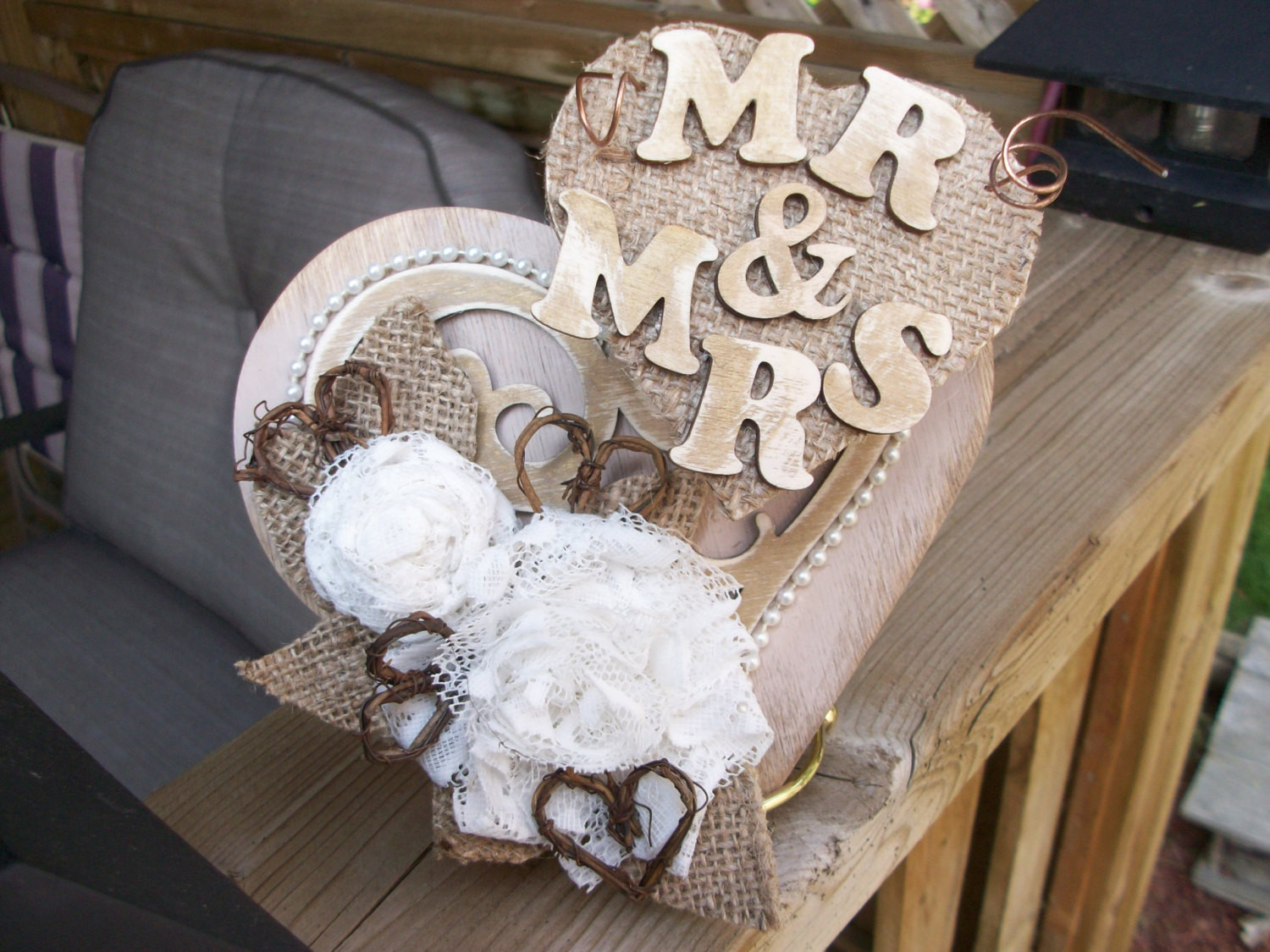 Burlap Wedding Cake Toppers
 Wedding Cake Topper Rustic Burlap and Lace by