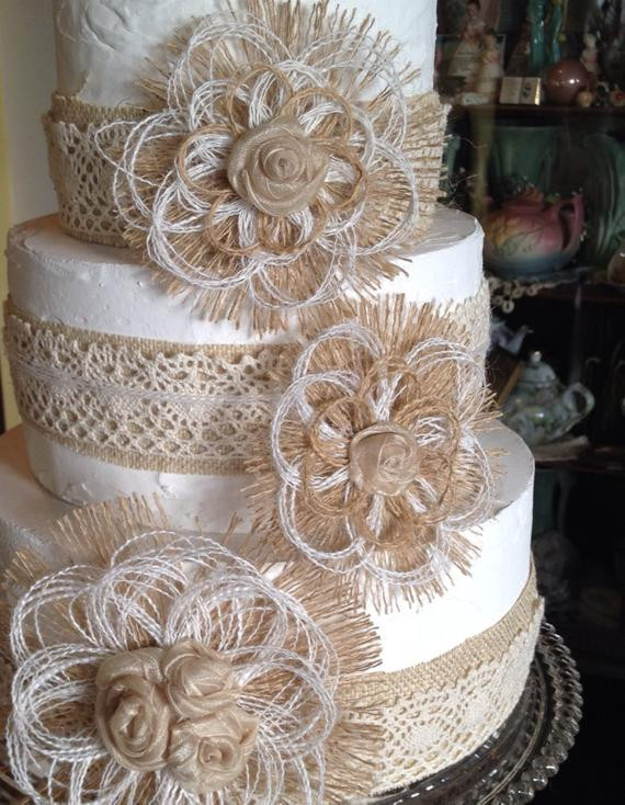 Burlap Wedding Cake Toppers
 Burlap and Lace Wedding Cake Topper Flower Set of 4