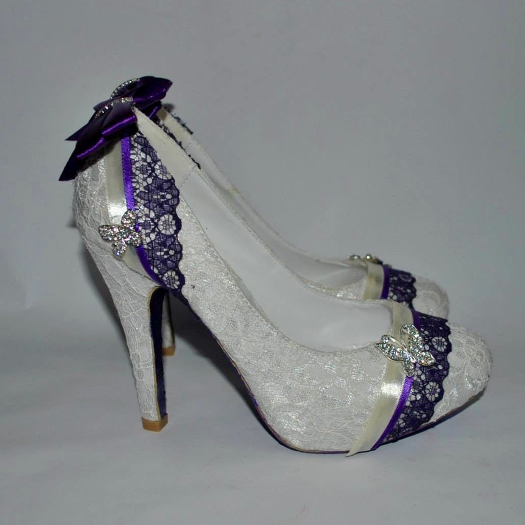 Butterfly Wedding Shoes
 Handmade Custom Ivory Lace Purple Butterfly Wedding Bridal