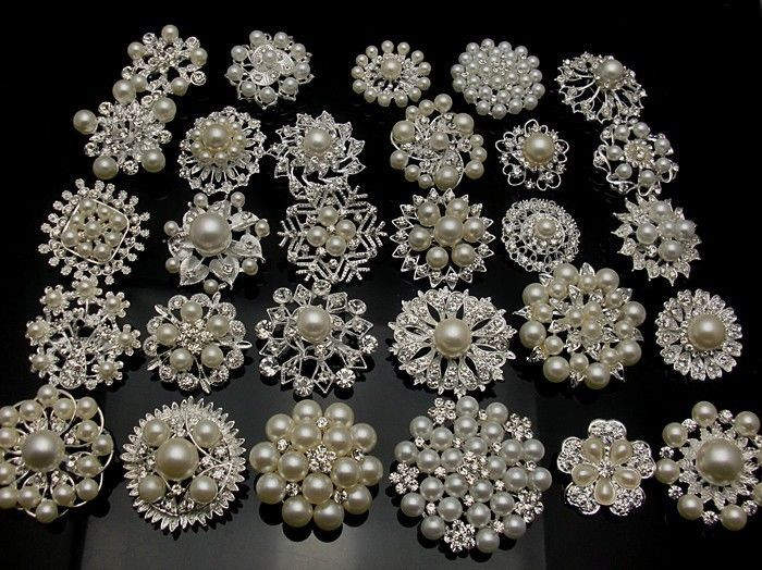 Button Brooches
 5 100Silver Pearl Crystal Brooch Button DIY Bridal Wedding