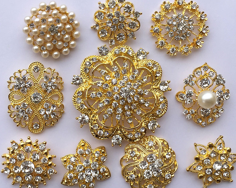 Button Brooches
 10 Assorted Gold Rhinestone Button Brooch Bouquet