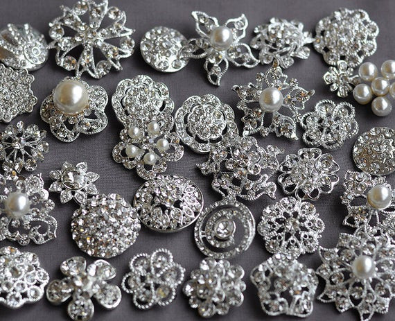 Button Brooches
 SALE 10 pcs Assorted Rhinestone Button Brooch Embellishment