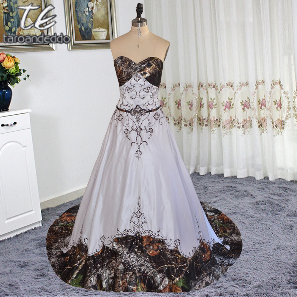 Camo Wedding Dress
 Strapless Embroider Chocolate Lace Crystals A line White