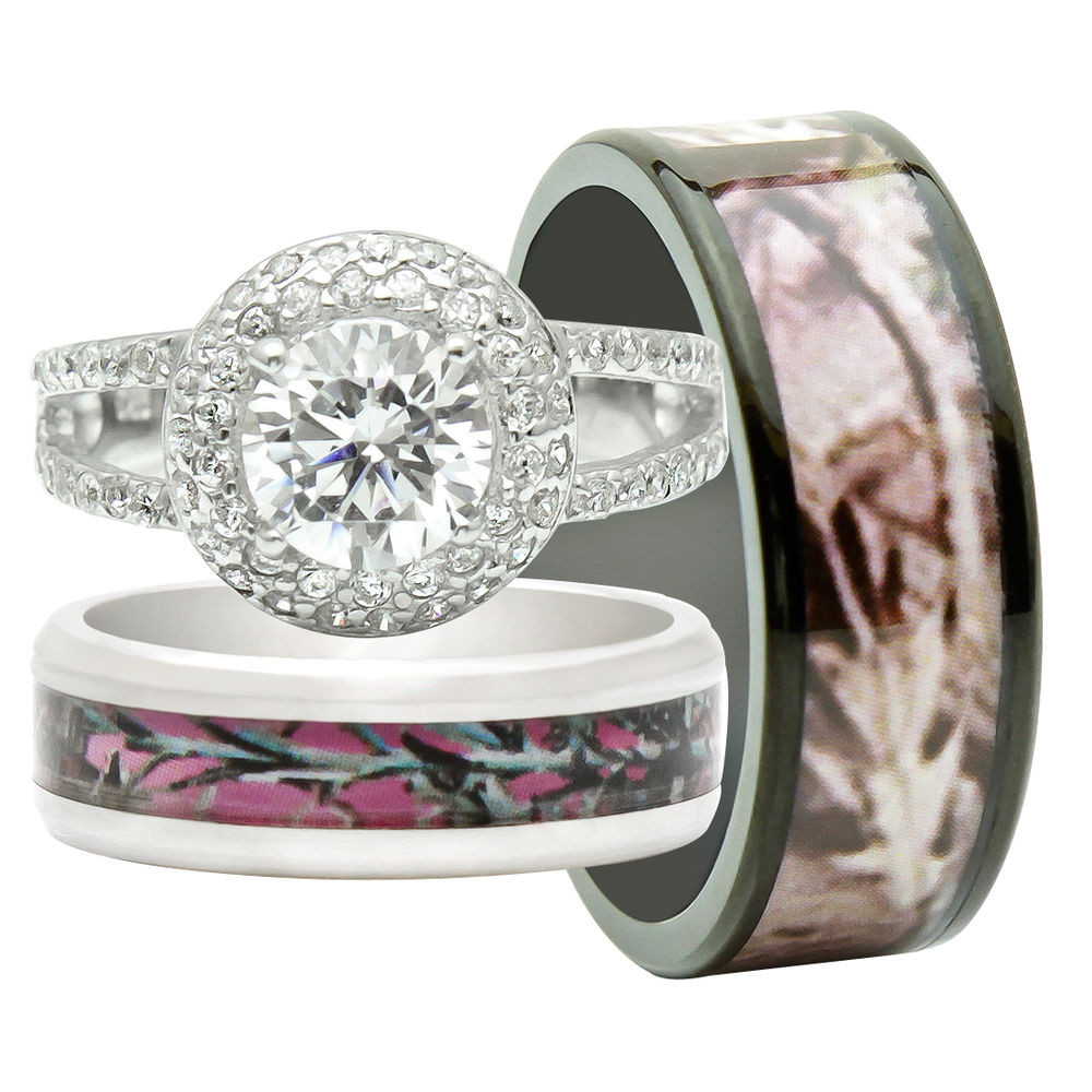Camouflage Wedding Rings
 His and Hers 3PCS Titanium Camo 925 Sterling Silver