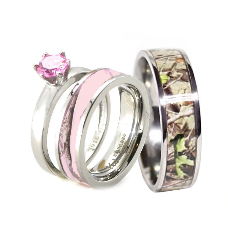 Camouflage Wedding Rings
 HIS & HER Pink Camo Band Engagement Wedding Ring Set