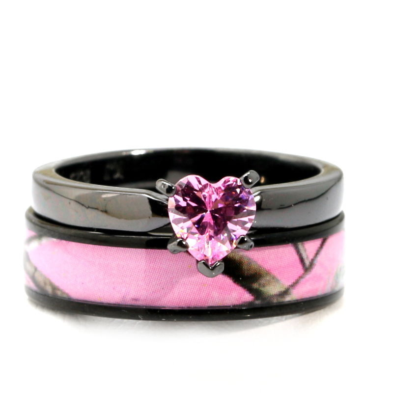 Camouflage Wedding Rings
 Black Plated Pink Heart CZ CAMO WEDDING RINGS Bridal