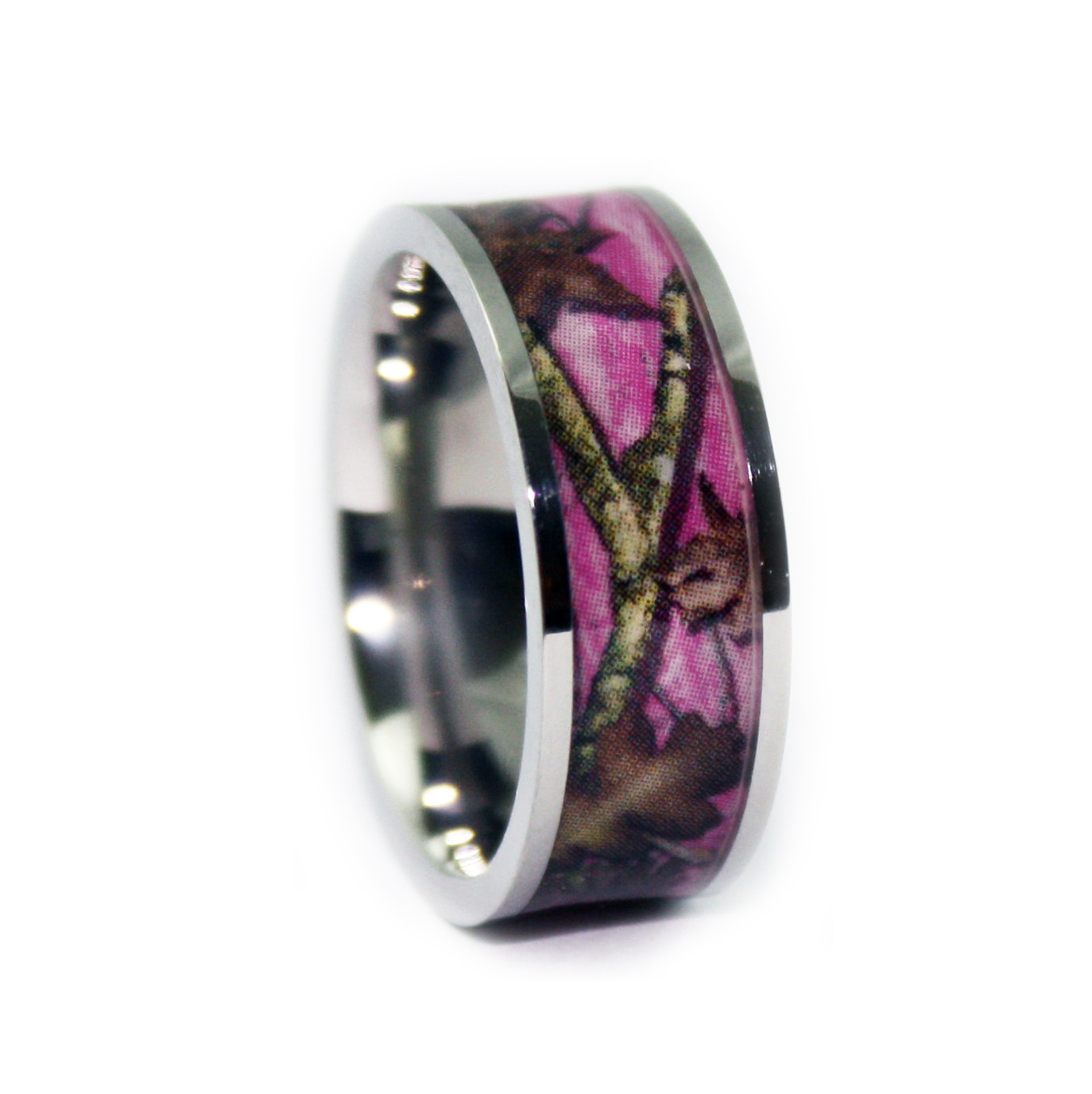 Camouflage Wedding Rings
 Pink Camo Wedding Rings Flat Titanium Camouflage Band by