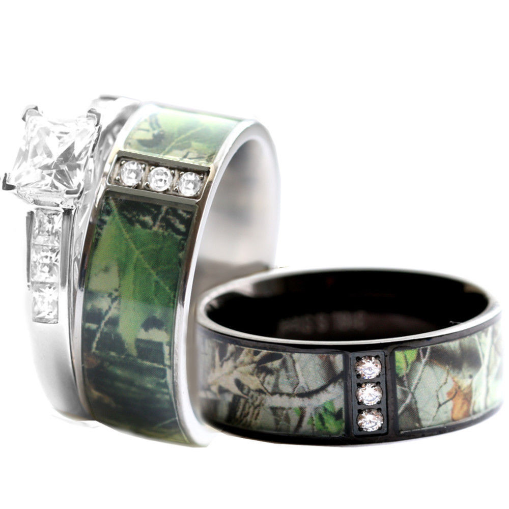 Camouflage Wedding Rings
 His & Hers STAINLESS STEEL Camo 925 SILVER Engagement