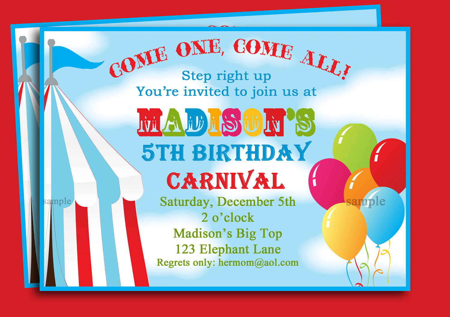 Carnival Birthday Party Invitations
 Circus Carnival Birthday Invitation Printable or Printed with