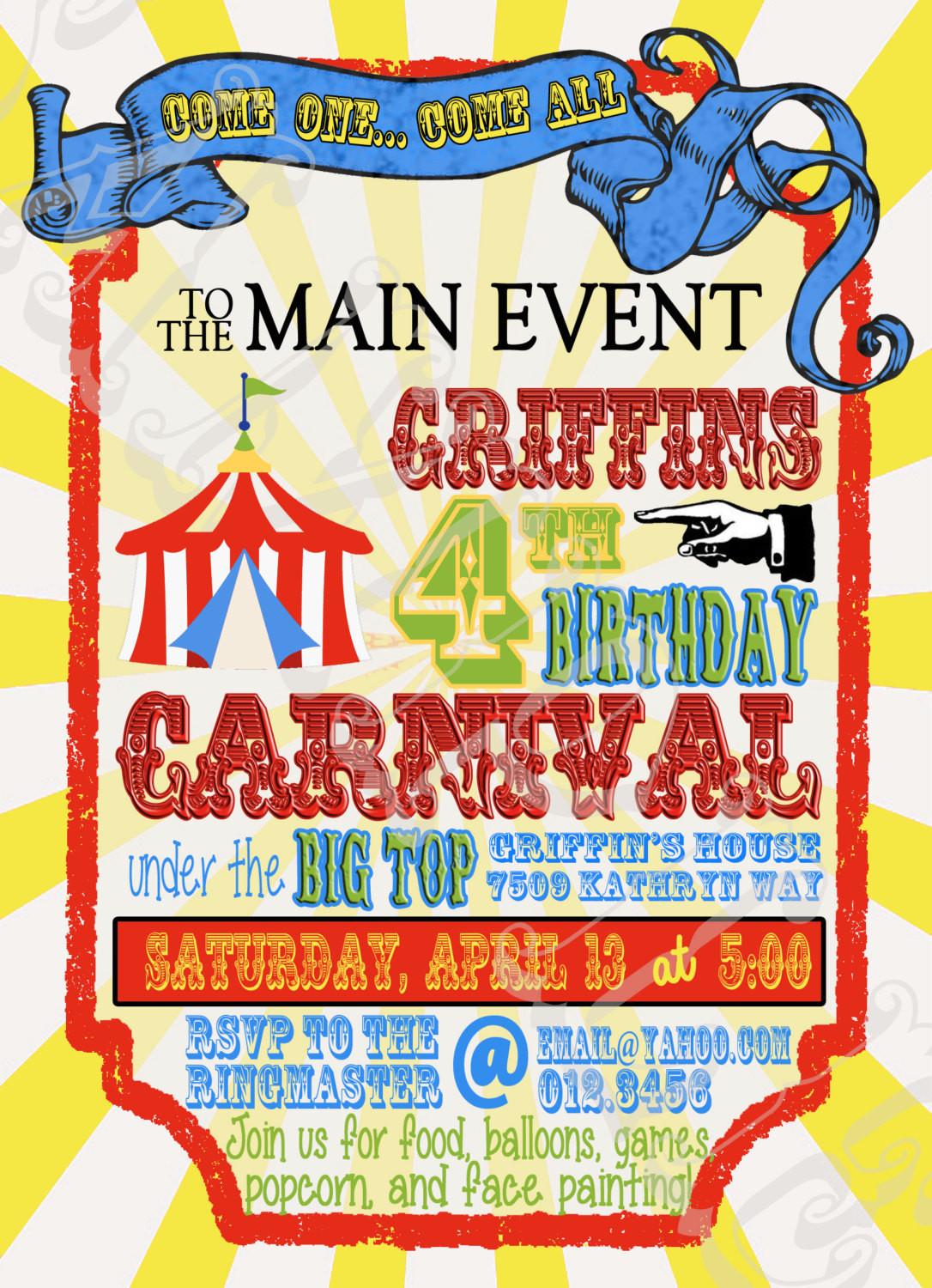 Carnival Birthday Party Invitations
 Custom CIRCUS or CARNIVAL birthday invitation vintage