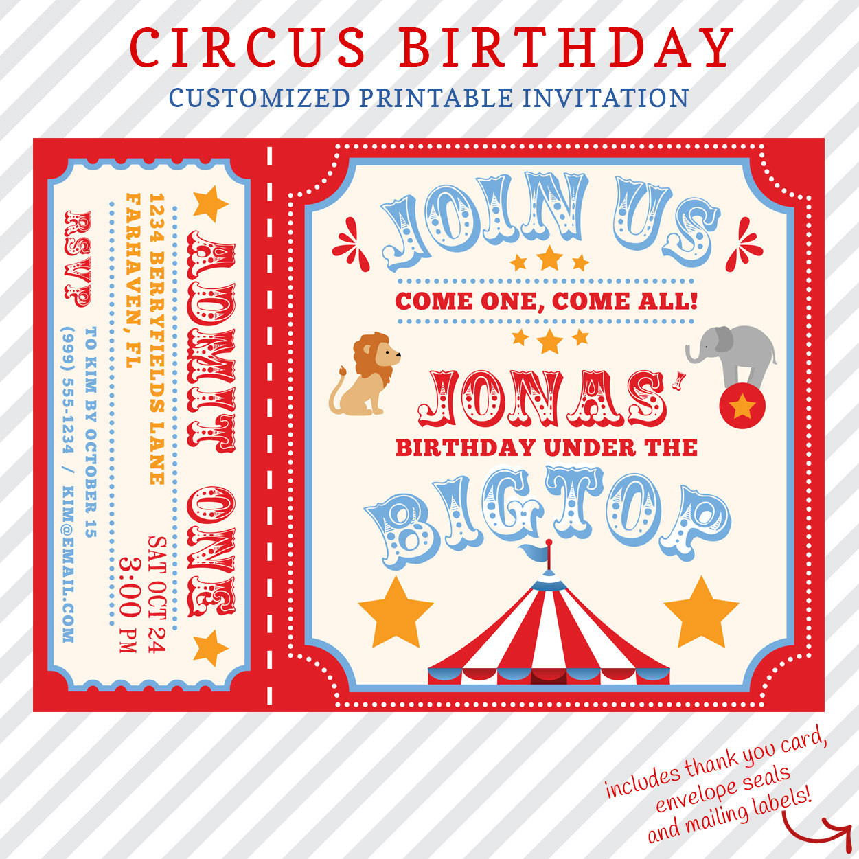 Carnival Birthday Party Invitations
 Circus Birthday Invitation Printable custom invitation with