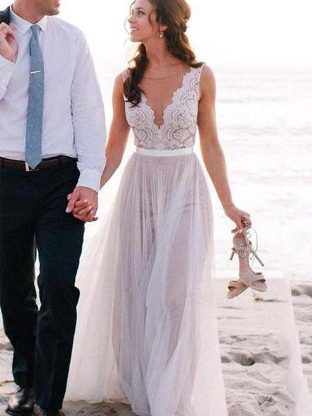 Cheap Casual Wedding Dresses
 Deep V Neckline Lace Beach Wedding Dresses y Long
