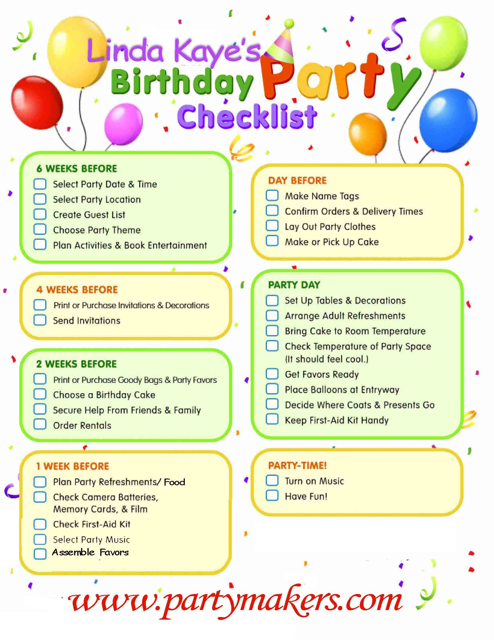 Checklist For Birthday Party
 Party Tips — Linda Kaye’s Partymakers