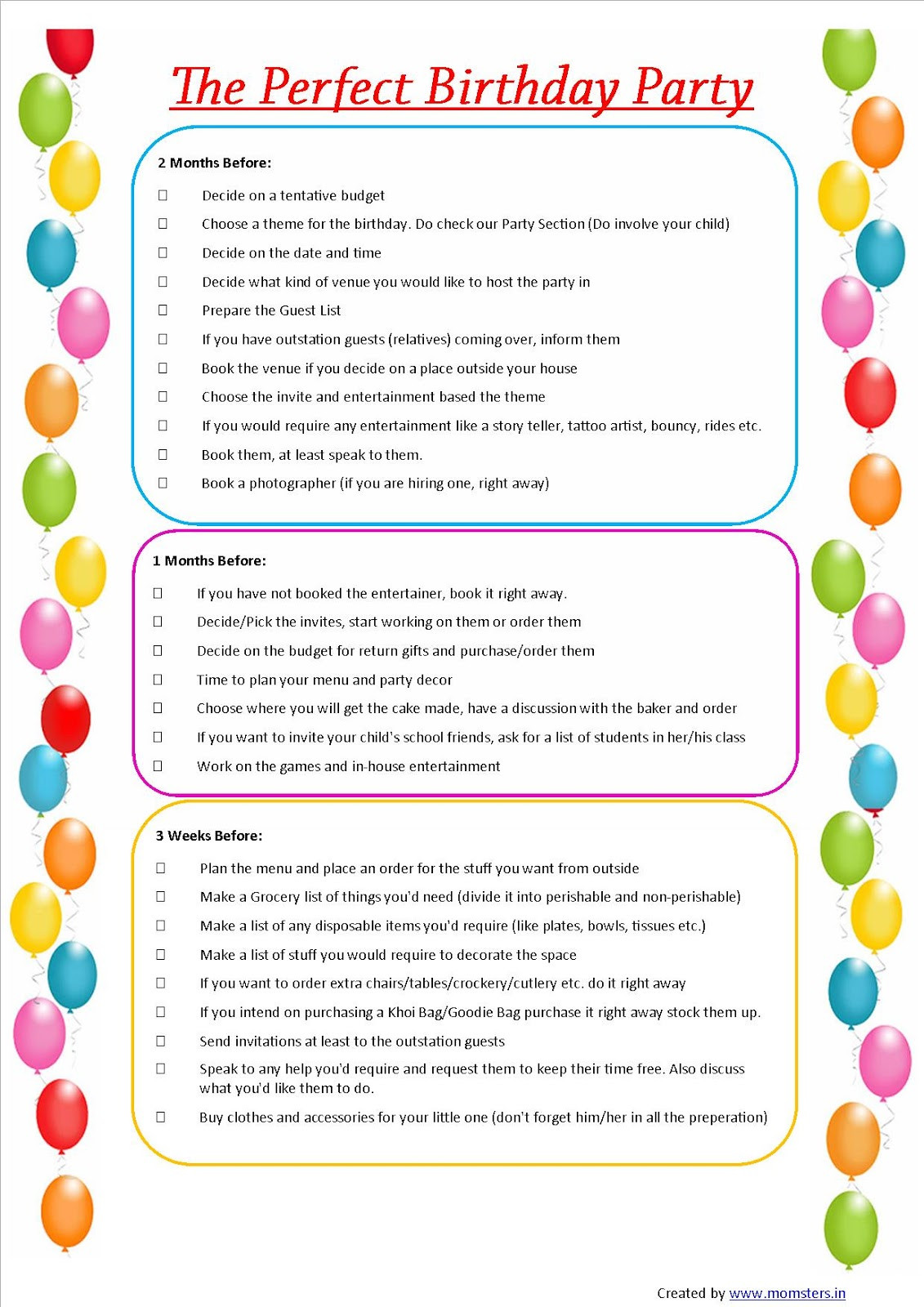 Checklist For Birthday Party
 Momsters Parenting n All the Jazz Kids Birthday Checklist