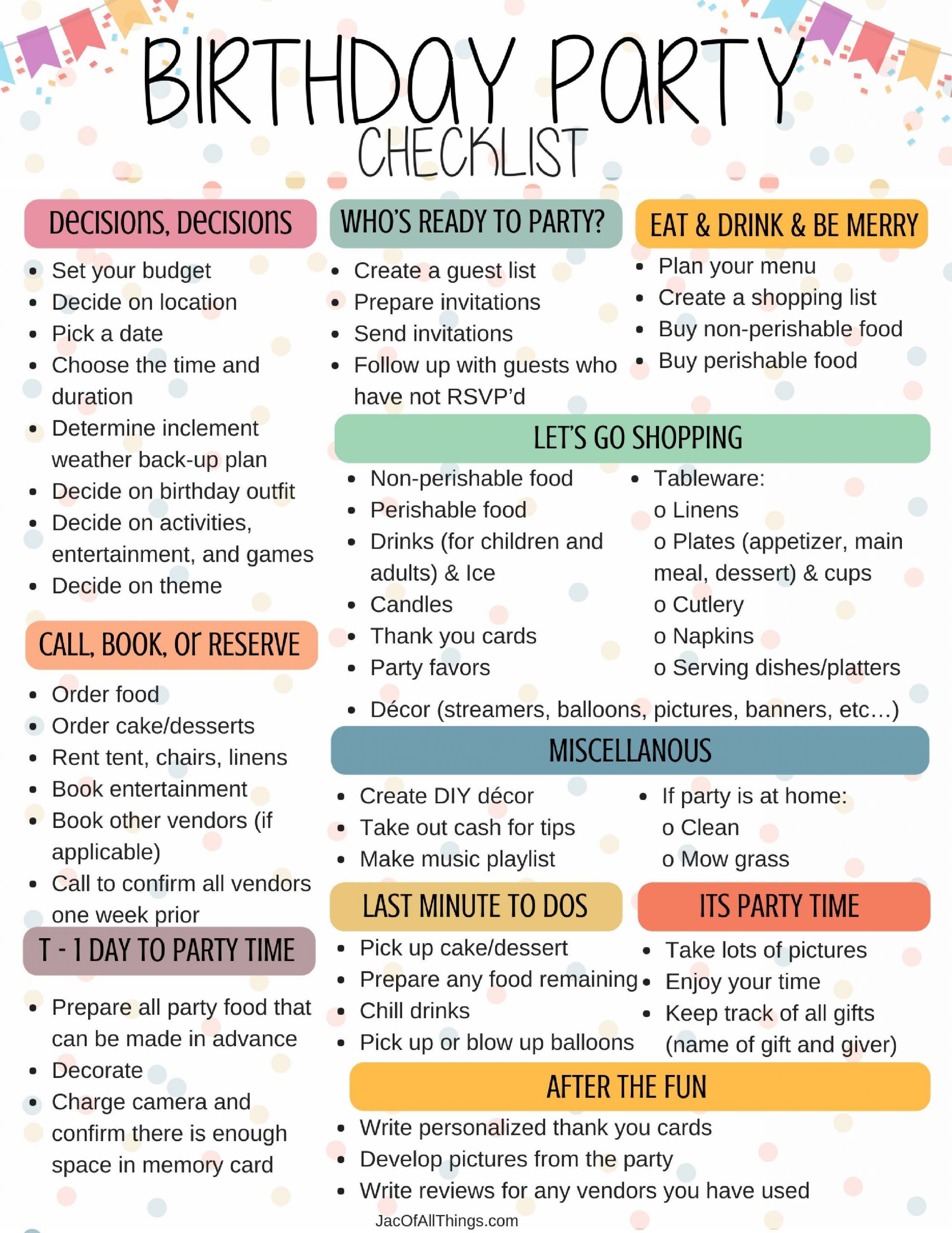 Checklist For Birthday Party
 Birthday Party Checklist