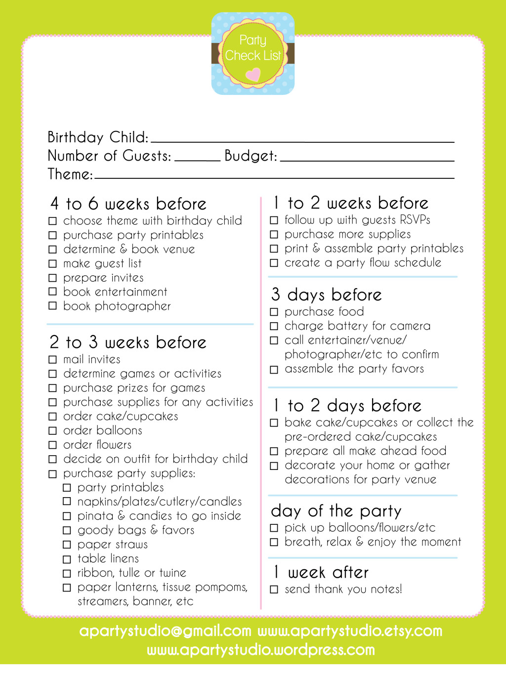 Checklist For Birthday Party
 FREE Printable Party Checklist