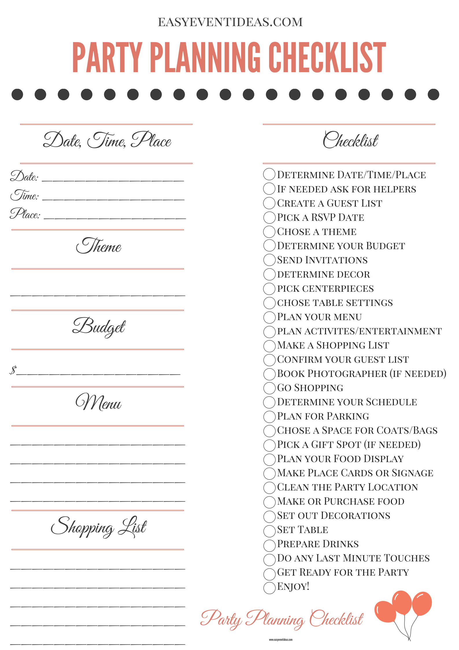 Checklist For Birthday Party
 Printable Party Planning Checklist – Easy Event Ideas