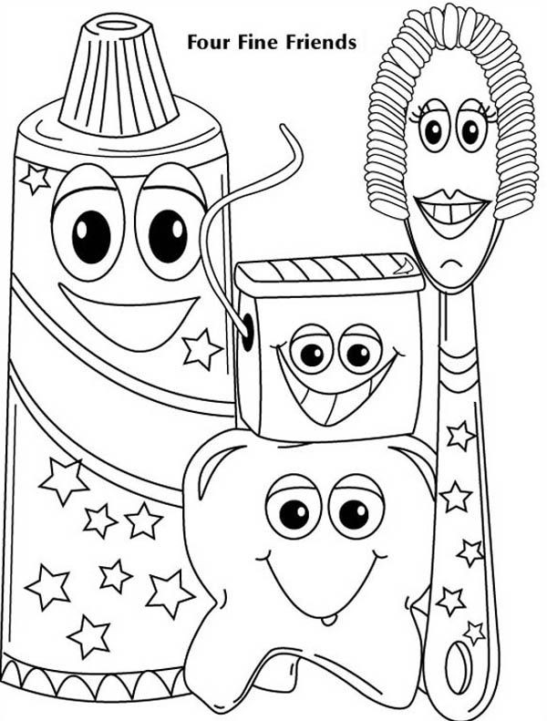 Child Coloring Page
 Four Fine Friends of Dentist Coloring Pages