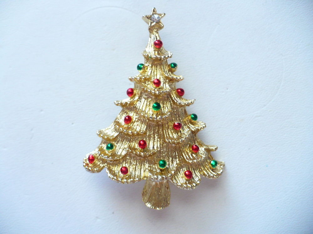 Christmas Brooches
 Vintage RETRO Goldtone Enamel Christmas Tree Pin Brooch