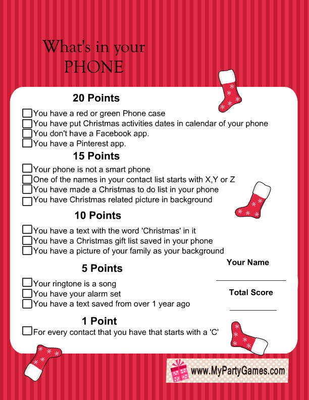 Christmas Party Game Ideas For Work
 Free Printable What s in Your Phone Christmas Game
