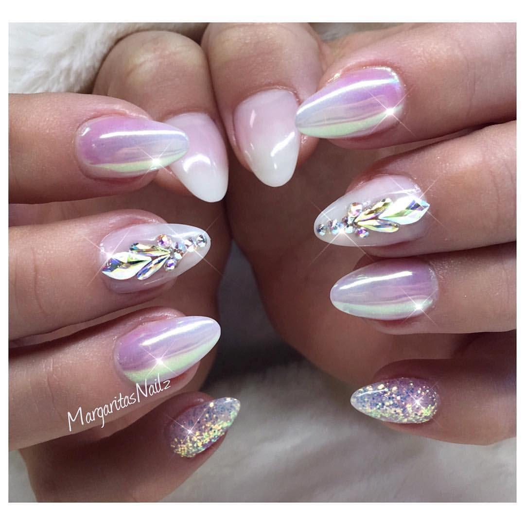 Chrome And Glitter Nails
 White ombré almond nails chrome nail art Swarovski design