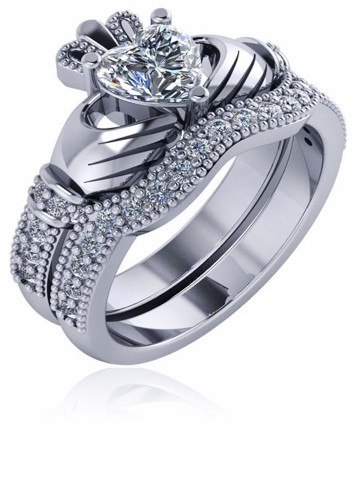 Claddagh Wedding Ring
 1 Carat Heart Claddagh Pave Cubic Zirconia Engagement Ring