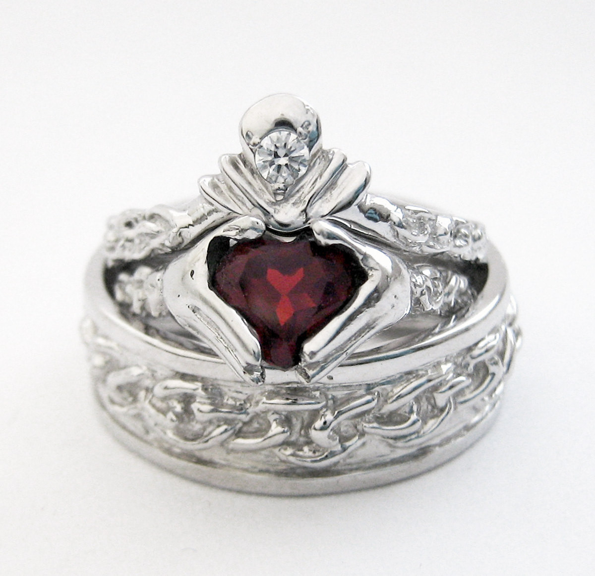 Claddagh Wedding Ring
 Claddagh Wedding Set Diamonds Genuine Garnet Heart