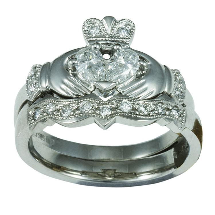 Claddagh Wedding Ring Sets
 14k White Gold Claddagh Diamond Engagement Ring & Wedding