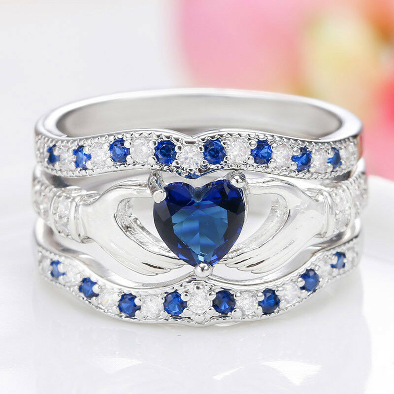 Claddagh Wedding Ring Sets
 3Pcs Irish Claddagh Celtic Heart Sapphire 925 Silver Ring