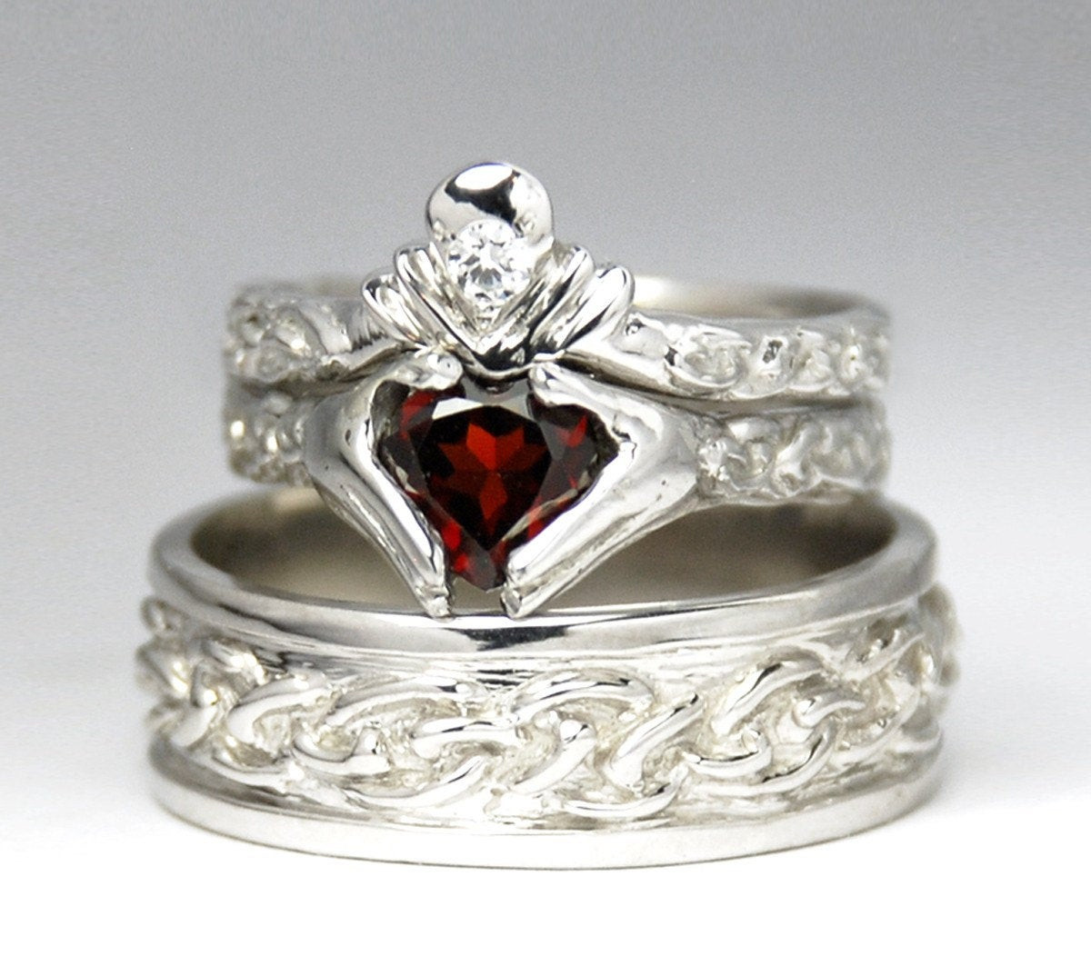 Claddagh Wedding Ring Sets
 Claddagh Wedding Set New White gold Diamond Garnet