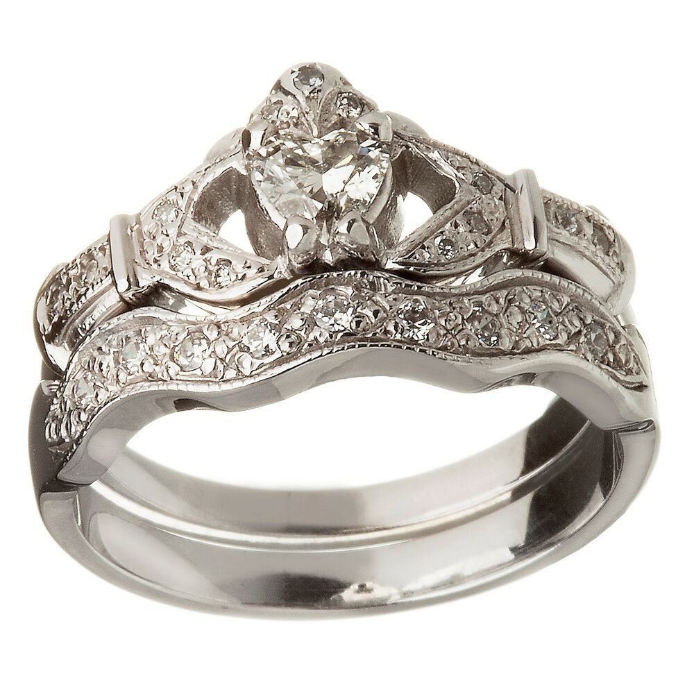 Claddagh Wedding Ring Sets
 14k White Gold Diamond Set Heart Claddagh Ring & Wedding