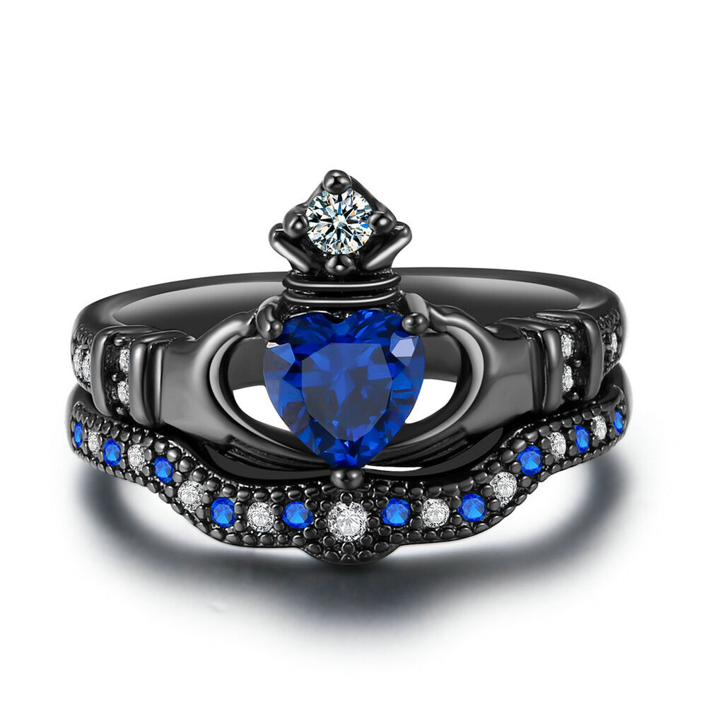 Claddagh Wedding Ring Sets
 925 Silver Irish Claddagh Heart Sapphire Black Gold Ring