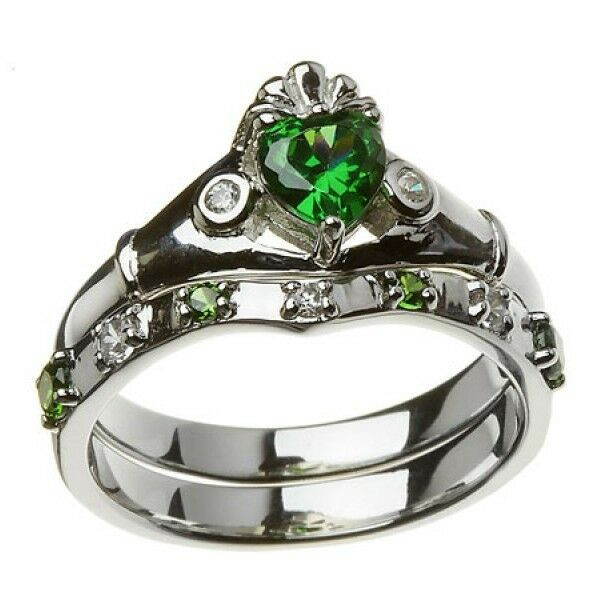 Claddagh Wedding Ring Sets
 Sterling Silver La s Green & White CZ Claddagh Wedding