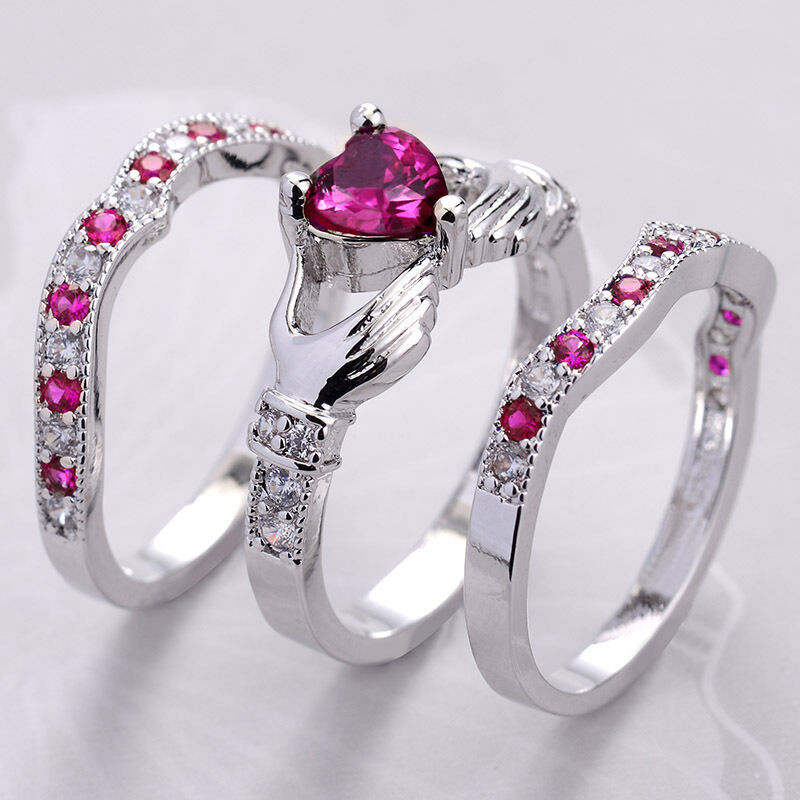 Claddagh Wedding Ring Sets
 3PCs Women 925 Silver Ruby Celtic Irish Claddagh Ring Set