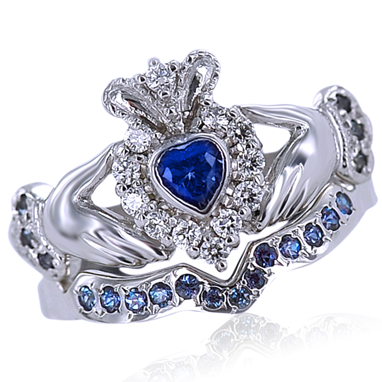 Claddagh Wedding Ring Sets
 Heart Shape Sapphire and Natural Diamond Bridal Set