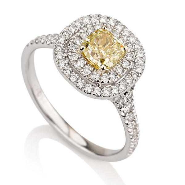 Colored Diamond Engagement Rings
 Cushion Double Halo Fancy Yellow Diamond Engagement Ring