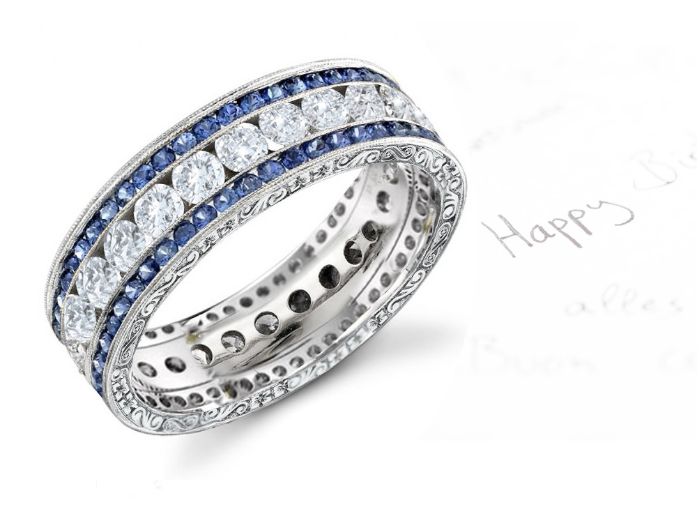 Colored Diamond Wedding Rings
 Engraved Vintage Designer Fused Triple Row Diamond