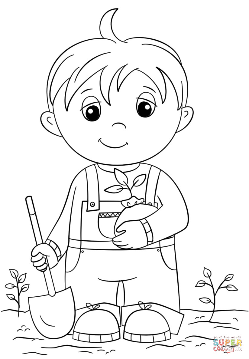 Coloring Books For Boys
 Cute Little Boy Holding Seedling coloring page