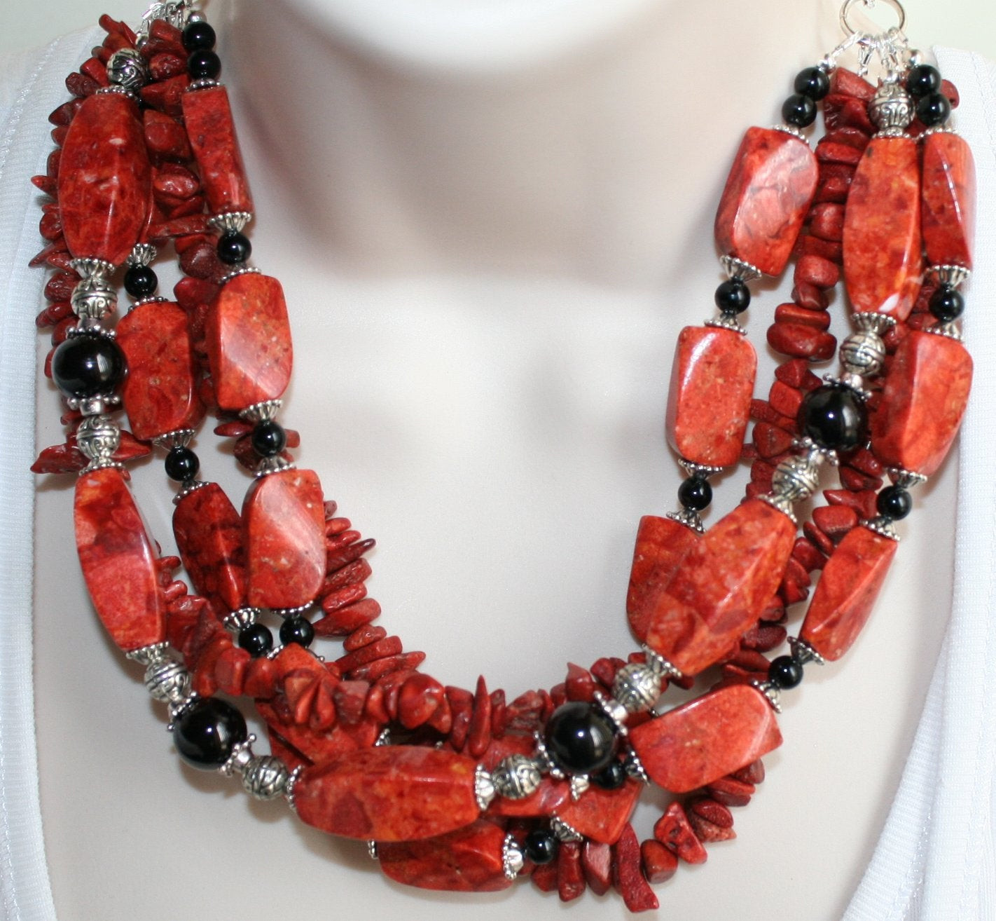Coral Statement Necklace
 Chunky Red Sponge Coral Statement Necklace Big Black Bead