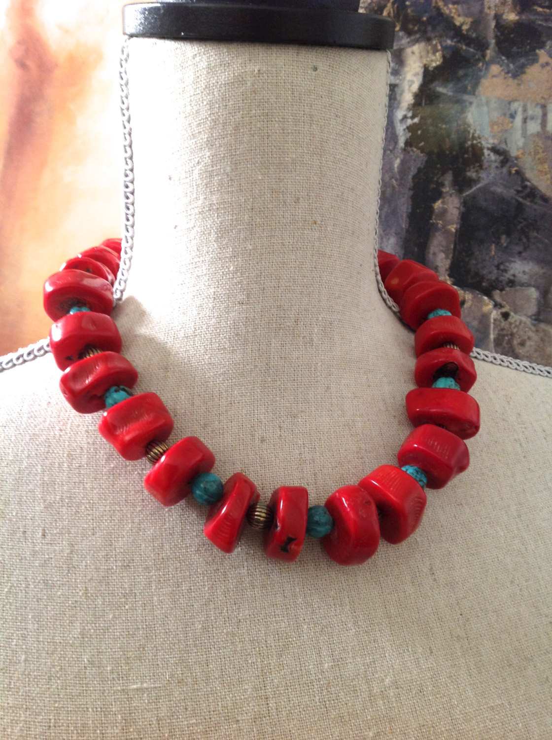 Coral Statement Necklace
 Red Coral Silver and Turquoise Statement Necklace