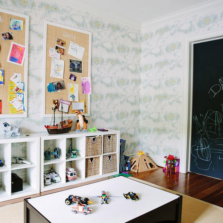 Cork Board For Kids Room
 Playroom with Ikea Kallax Shelving Unit and Burlap Pin