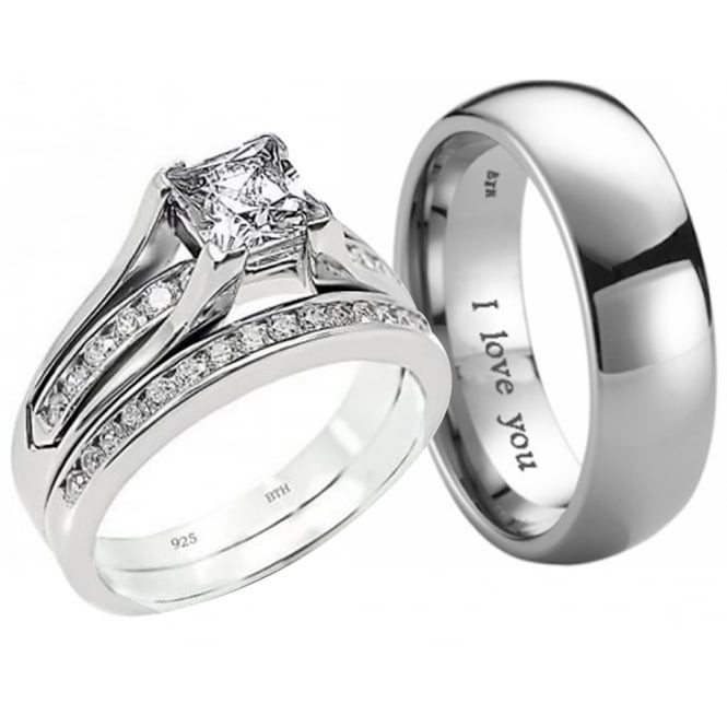 Couples Wedding Ring Sets
 New His And Hers Titanium 925 Sterling Silver Wedding