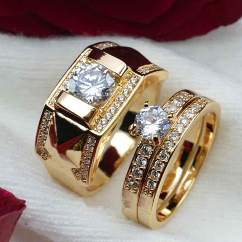 Couples Wedding Ring Sets
 HOMOD 2019 CZ Zirconia Rings Set Gold Color Couple Rings