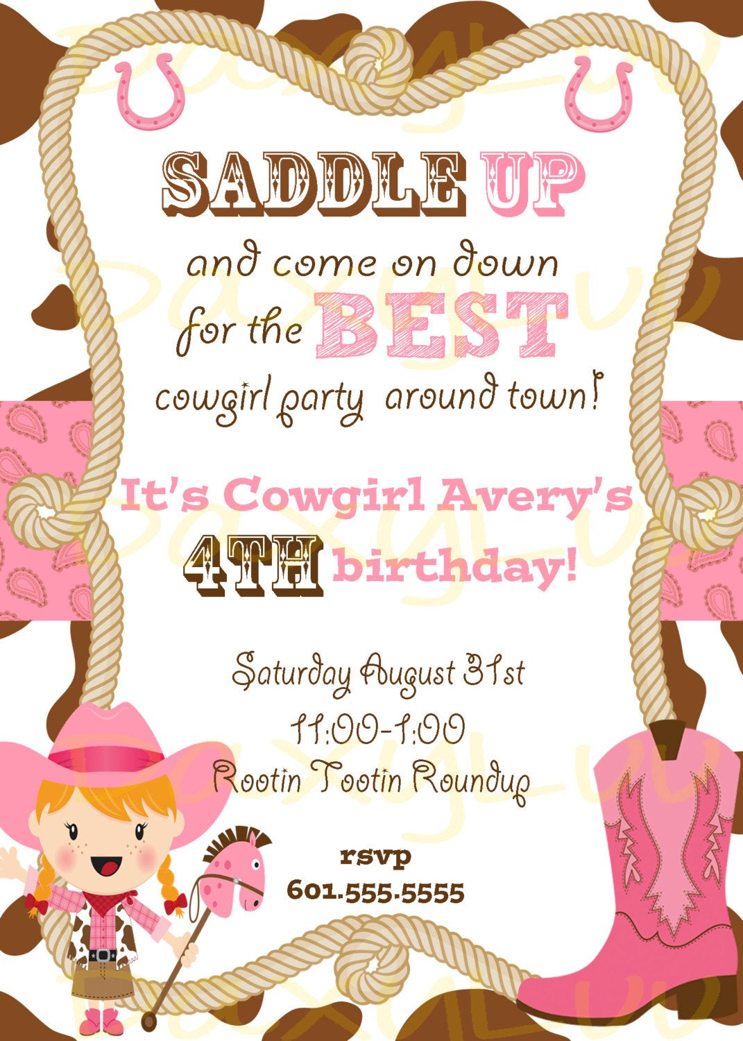 Cowgirl Birthday Party Invitations
 Cowgirl Birthday Party Invitation Pink and Brown